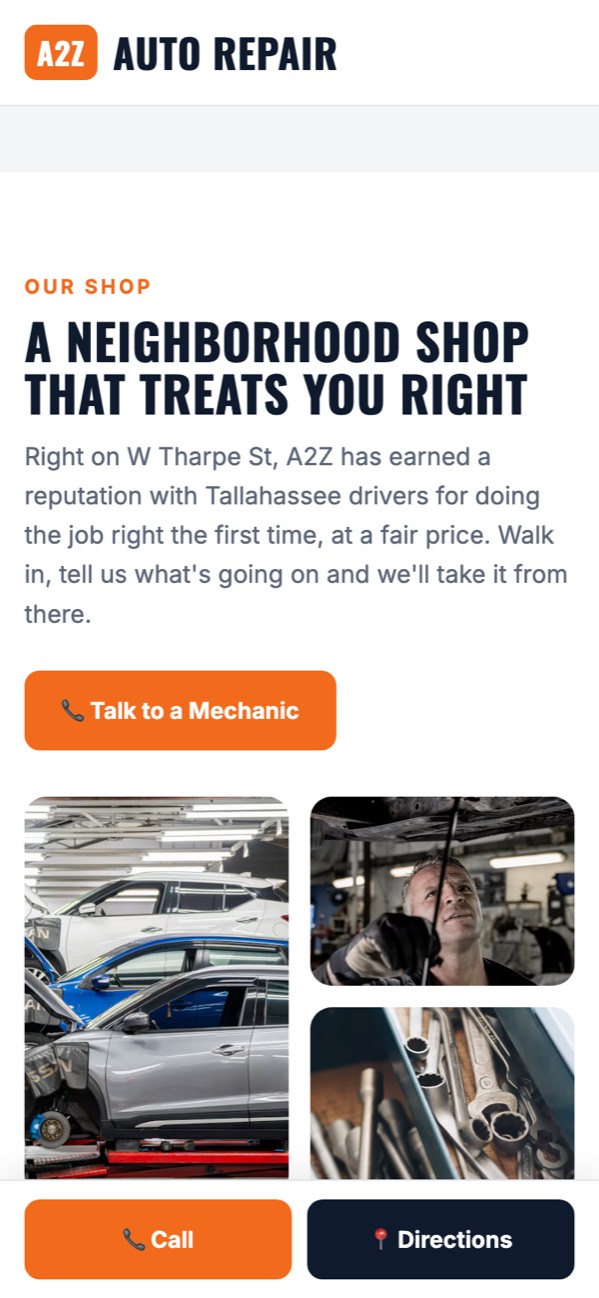 Phone screenshot of a sample auto repair website with Call and Text buttons