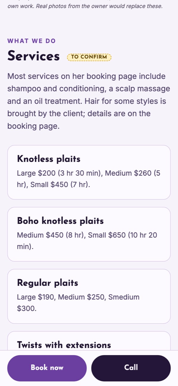 Phone screenshot of a sample hair salon website with a Book now button