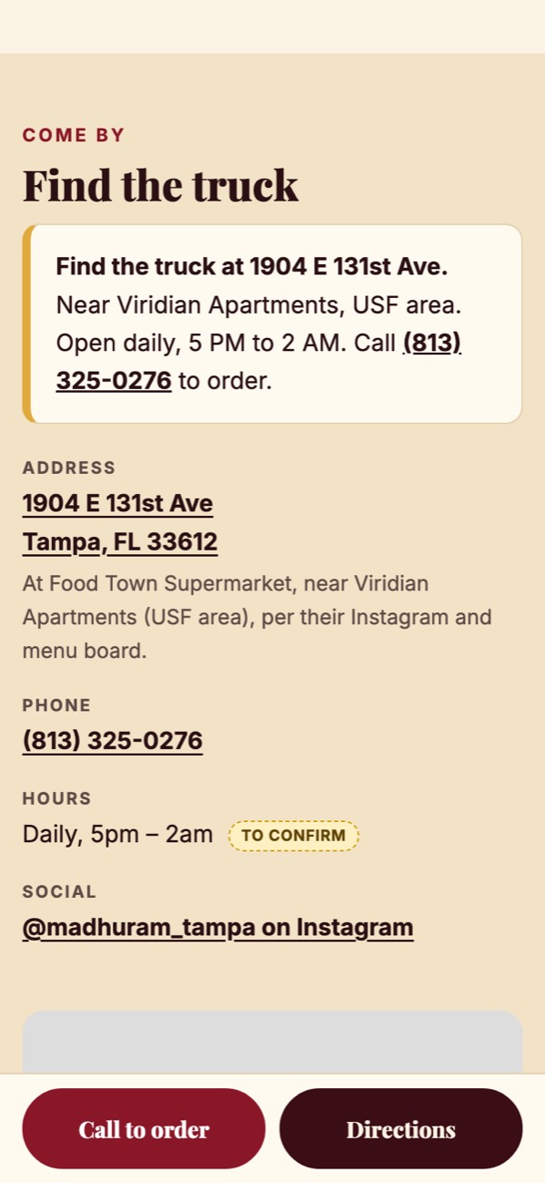 Phone screenshot of a sample food truck website with a menu and Call to order button