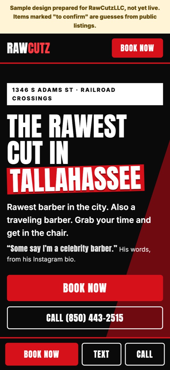 Phone screenshot of a sample barber shop website with a Book Now button